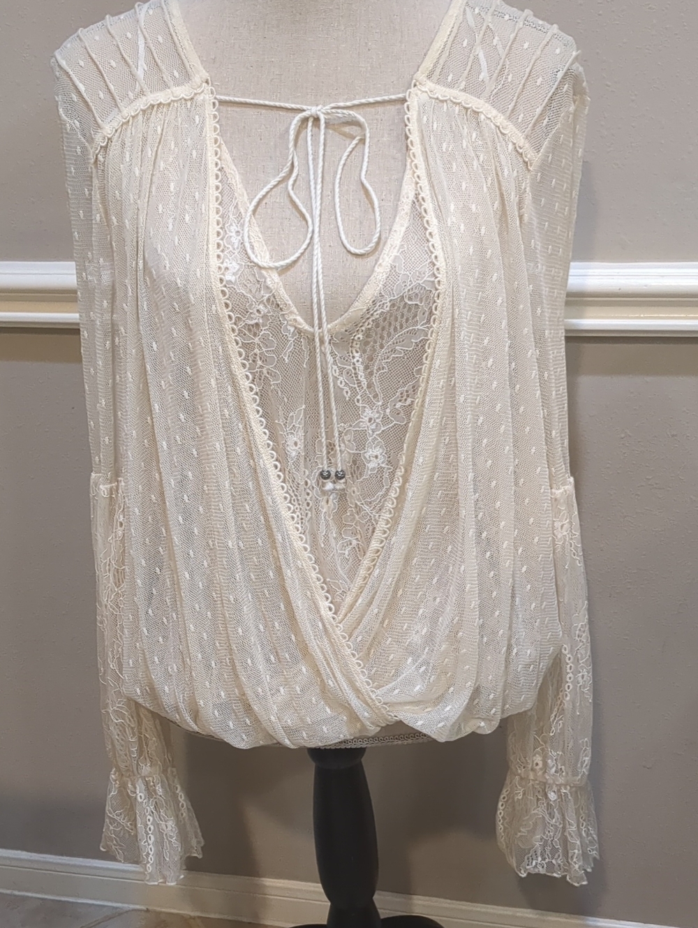 Free People Far Away Women's Cream Lace Surplice Blouse